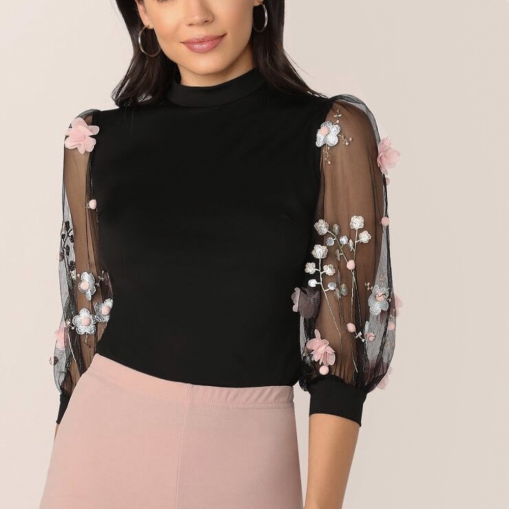 SHEIN Bodycon Top with Mesh Floral Sleeves